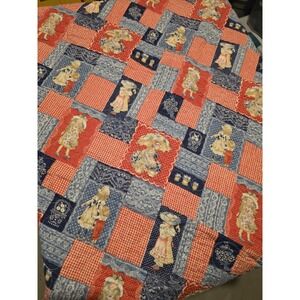 VTG SUNBONNET GIRL HOLLY HOBBIE  REVERSABLE  34 x 44  CRIB BABY QUILT Red Blue